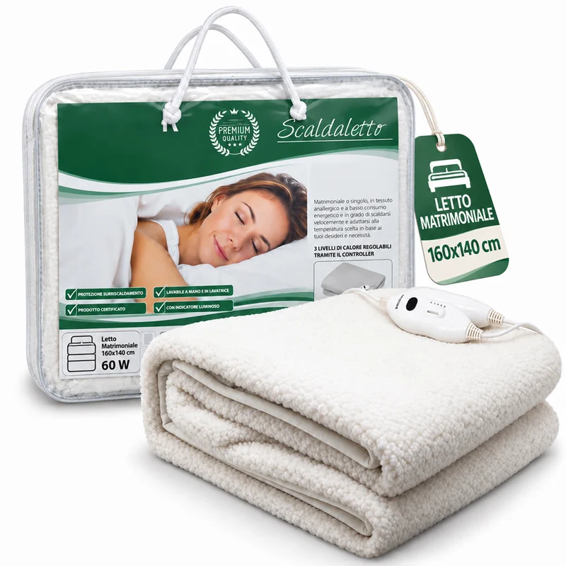 Scaldaletto Matrimoniale Elettrico Lana Sintetica Bianca 160x140cm Telecomando