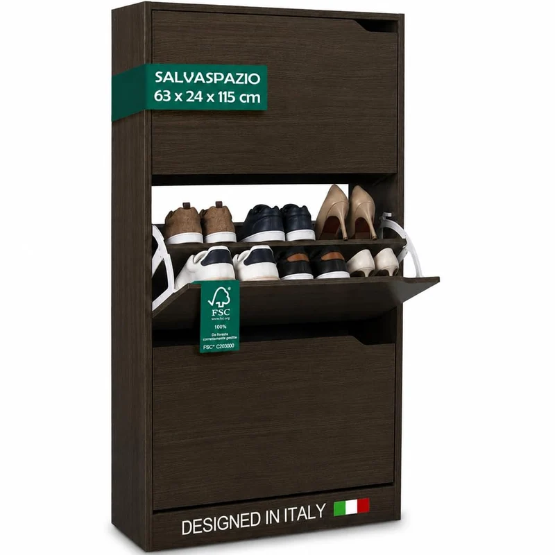 Scarpiera 3 Ante Ripiani Porta Scarpe Doppia Profondita Legno MDF 63x24x115 Noce