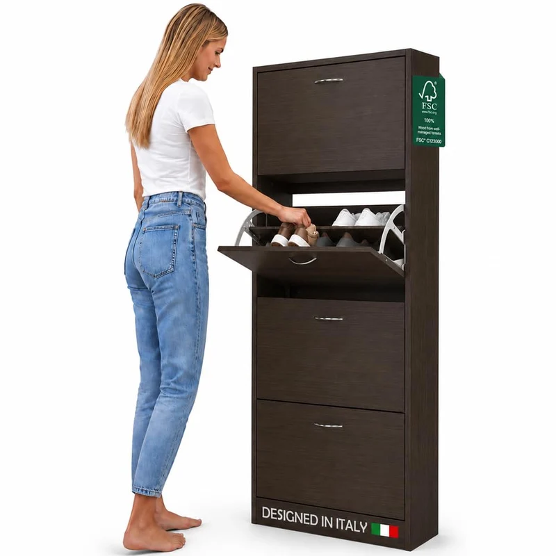 Scarpiera 4 Ante Ripiani Porta Scarpe Doppia Profondita Legno MDF 63x24x150 Noce