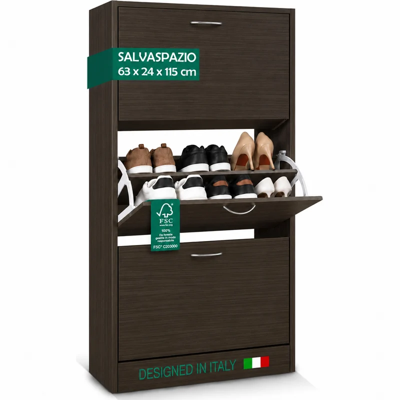 Scarpiera 3 Ante Ripiani Porta Scarpe Doppia Profondita Legno MDF 63x24x115 Noce