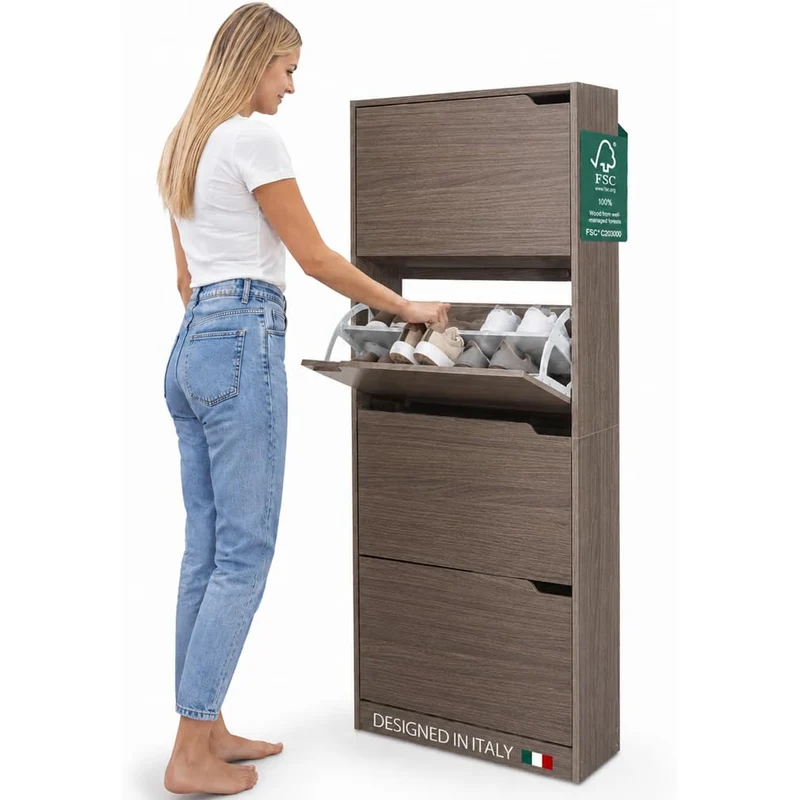 Scarpiera 4 Ante Ripiani Porta Scarpe Doppia Profondita Legno MDF 63x24x150 Noce