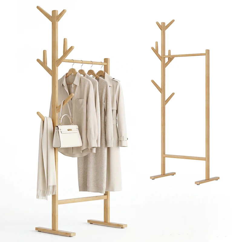 Stand Appendiabiti Attaccapanni Quercia in Legno Bambù con 8 Ganci 65x40x170 cm