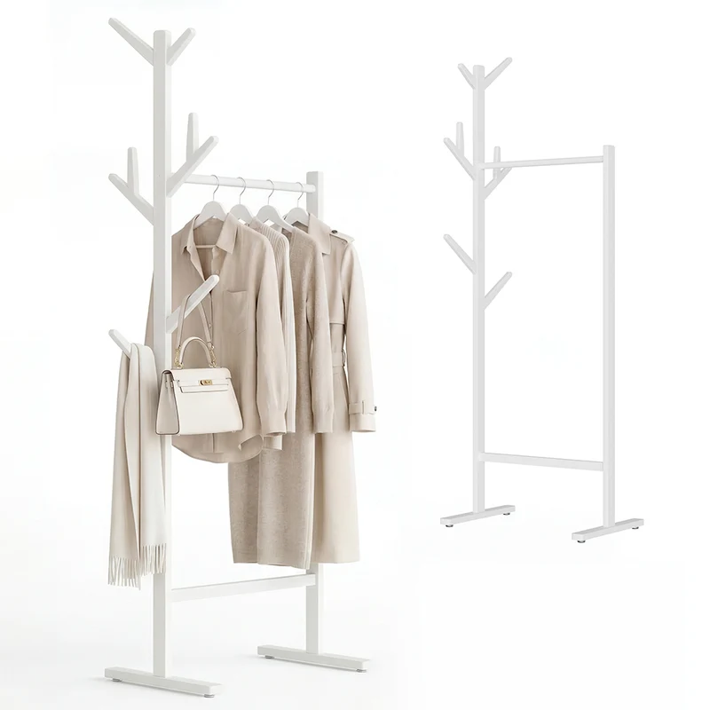 Stand Appendiabiti Attaccapanni Bianco in Legno Bambù con 8 Ganci 65x40x170 cm