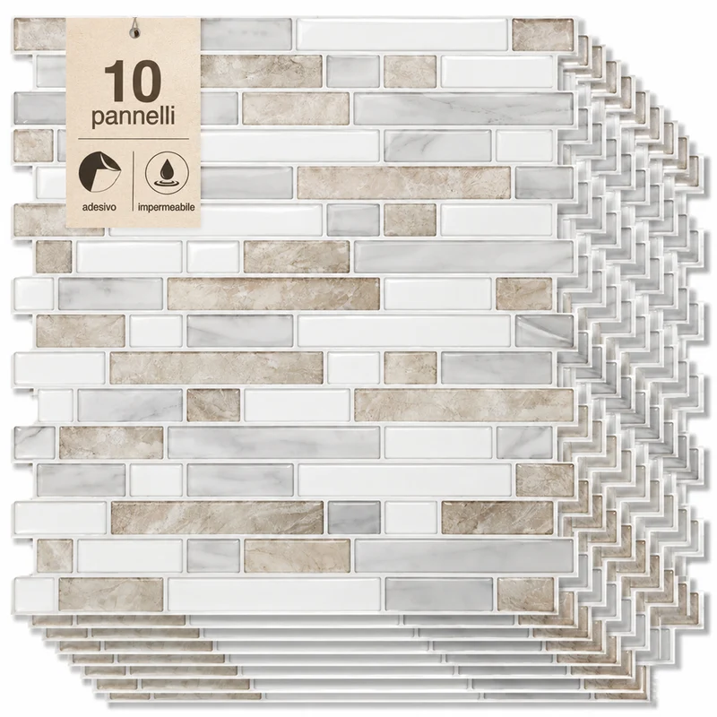Set 10 Pannelli Adesivi Piastrelle Muro Parete 30.5 cm Decoro Mattoncini Beige
