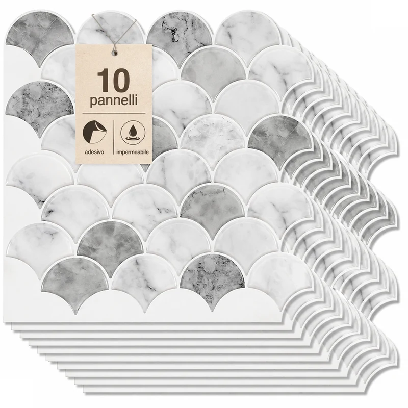 Set 10 Pannelli Adesivi Piastrelle per Muro Parete 30.5cm Decoro Squame di Pesce