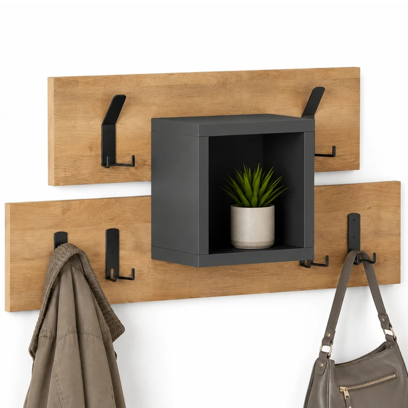 Appendiabiti da Parete con 6 Ganci Vano Contenitore Salvaspazio Legno/Antracite