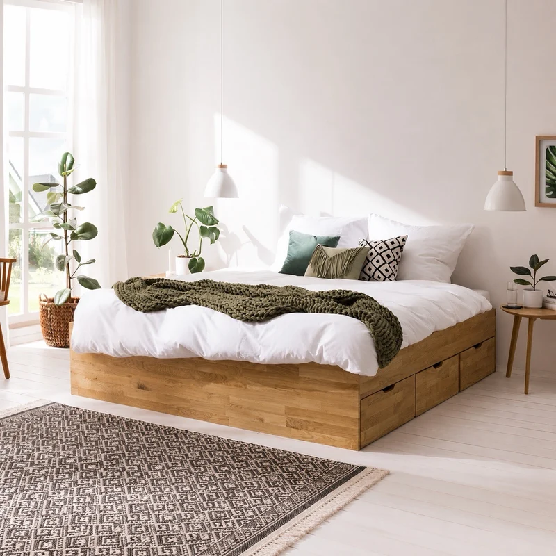 Letto Sofia in rovere massiccio con contenitore | NordicStory