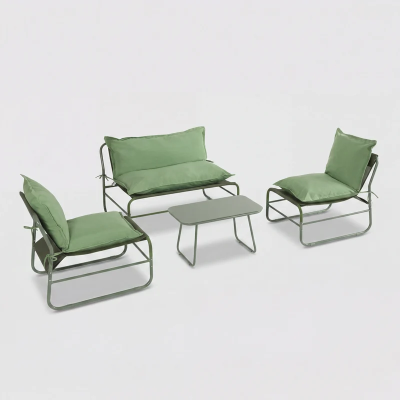 Leran - Set Salotto da giardino 4 posti con tavolo in vetro verde