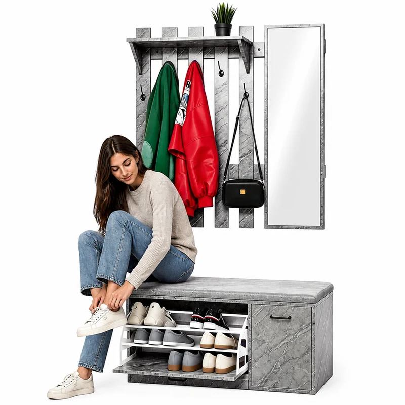 Set Ingresso con Scarpiera e Appendiabiti con Specchio Attaccapanni Grigio Marmo