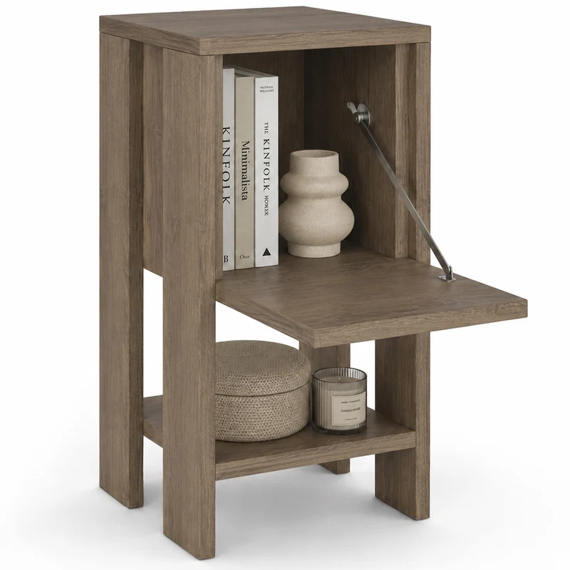 Comodino Mobiletto 2 Ripiani con Anta Ribalta Tavolino Design Moderno Rovere