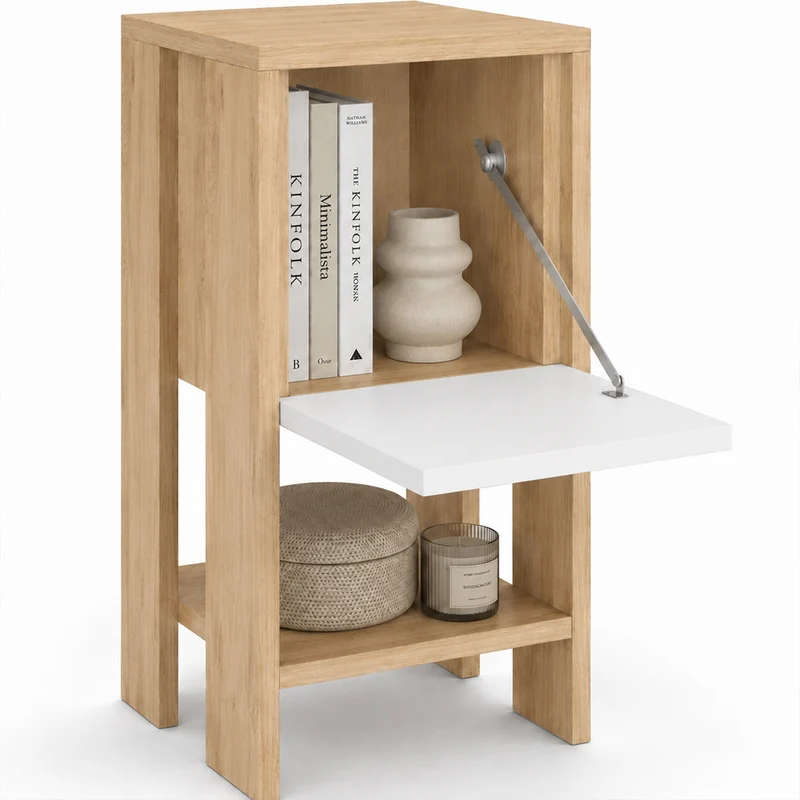Comodino Mobiletto 2 Ripiani Anta Ribalta Tavolino Moderno Quercia e Bianco
