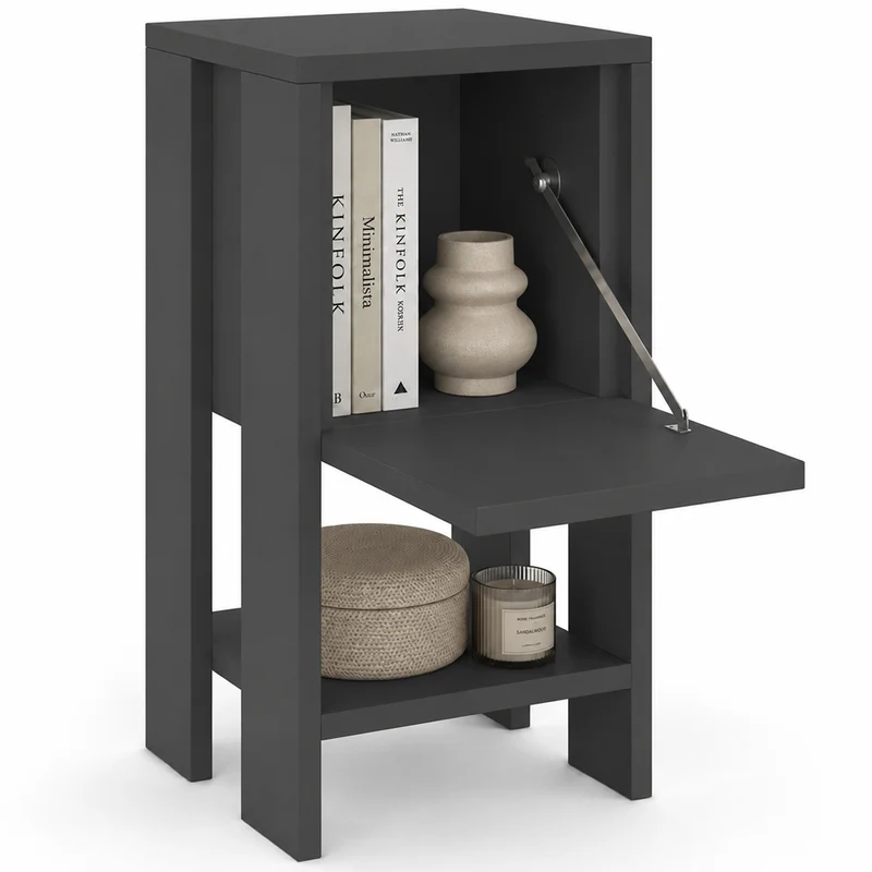 Comodino Mobiletto 2 Ripiani con Anta Ribalta Tavolino Design Moderno Antracite