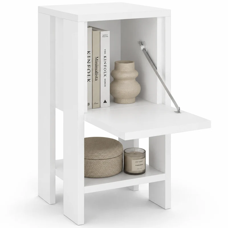 Comodino Mobiletto 2 Ripiani con Anta Tavolino Design Moderno in legno Bianco