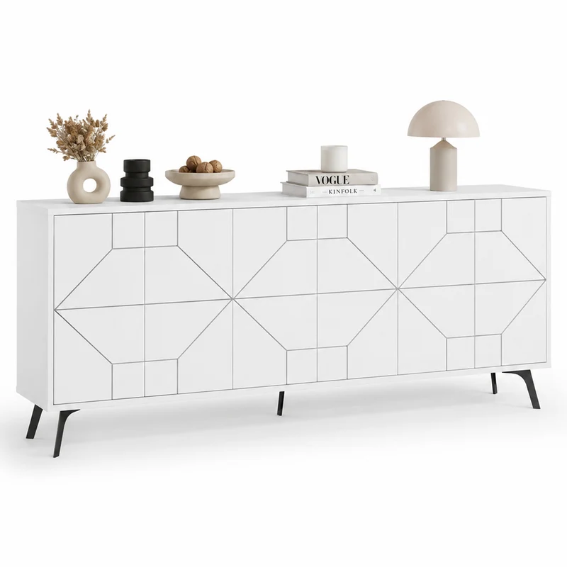 Madia con 6 Ante Credenza Design Geometrico Moderno in Legno 184x77 cm Bianco