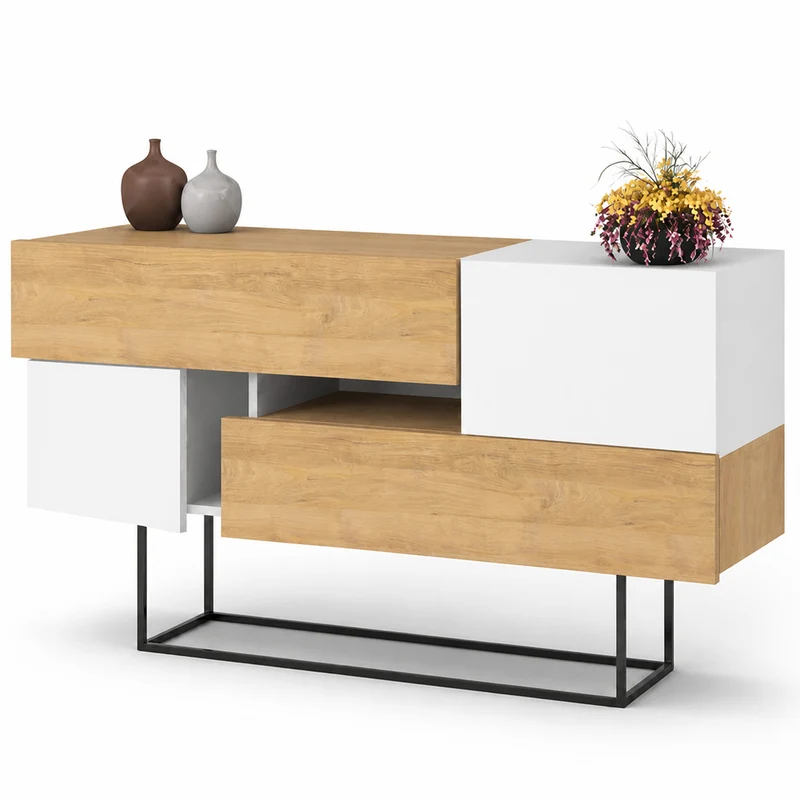 Madia Consolle Moderna 145 cm con 2 Ante 2 Cassetti Zaffiro di Quercia e Bianco