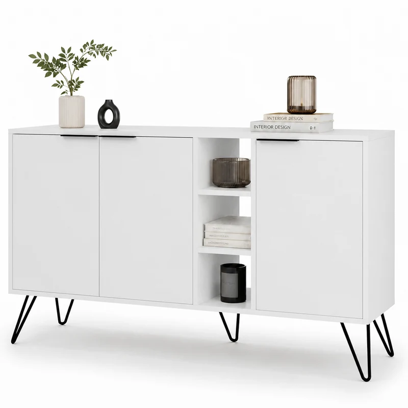 Madia Moderna Credenza con 3 Ante e Vani a Giorno 142x83 cm Zaffiro di Bianco