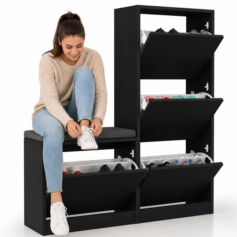 Scarpiera Salvaspazio 3 Ante Mobile Portascarpe 105x118,5 cm Multiuso Nero