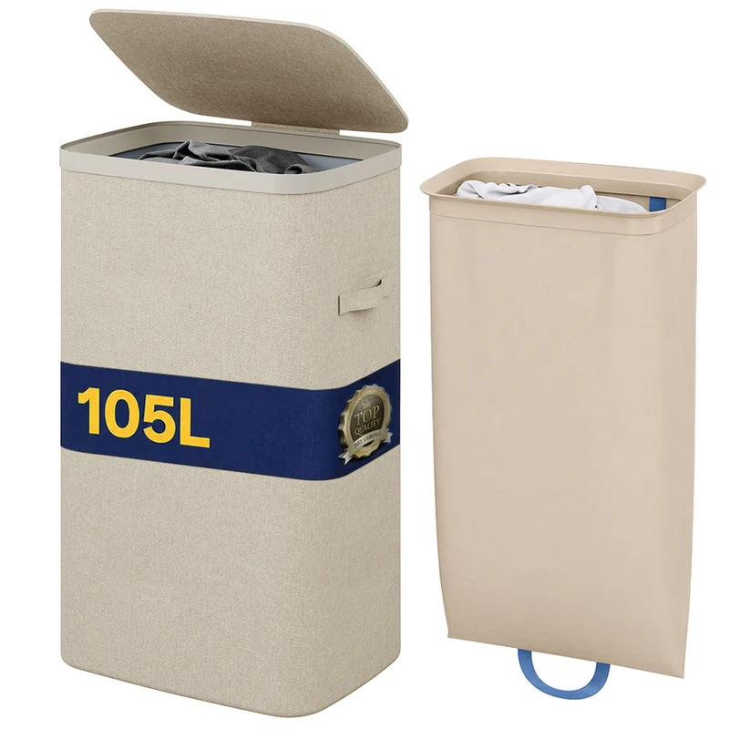 Cesto Biancheria Sporca Beige Portabiancheria 105L Sacco Estraibile 42x32x67cm