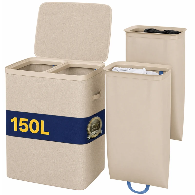 Cesto Portabiancheria Sporca con Divisorio Porta Biancheria Doppia Cesta Beige