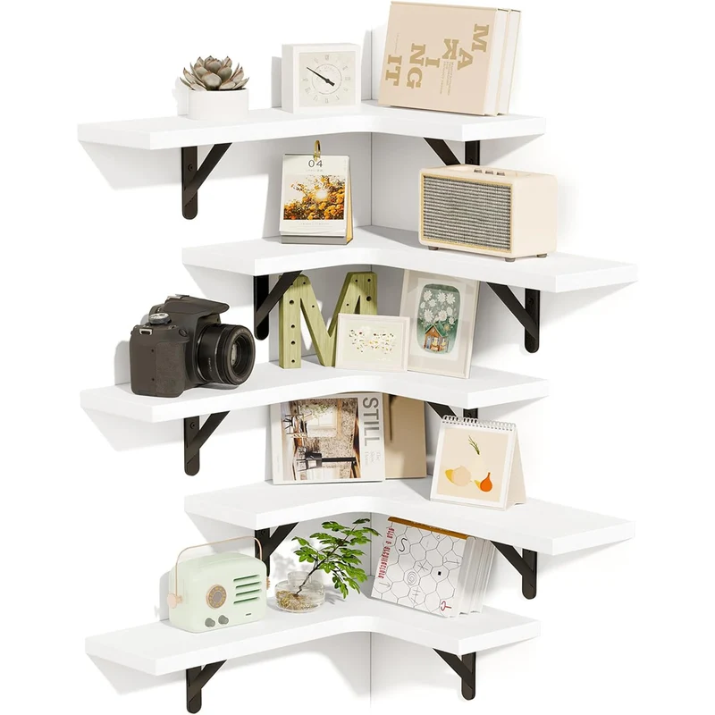Set 5 Mensole Angolari a Parete in Legno Bianco Mensola Scaffale Angolo da Muro