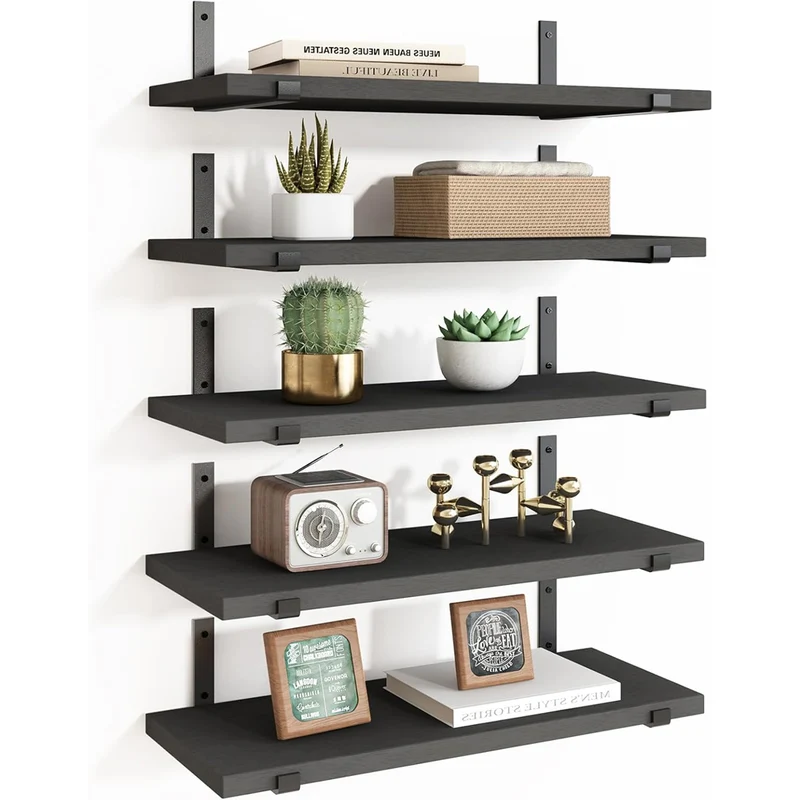 Set 5 Mensole da Parete Nero Scaffali da Muro con Staffe in Metallo 40x12 cm