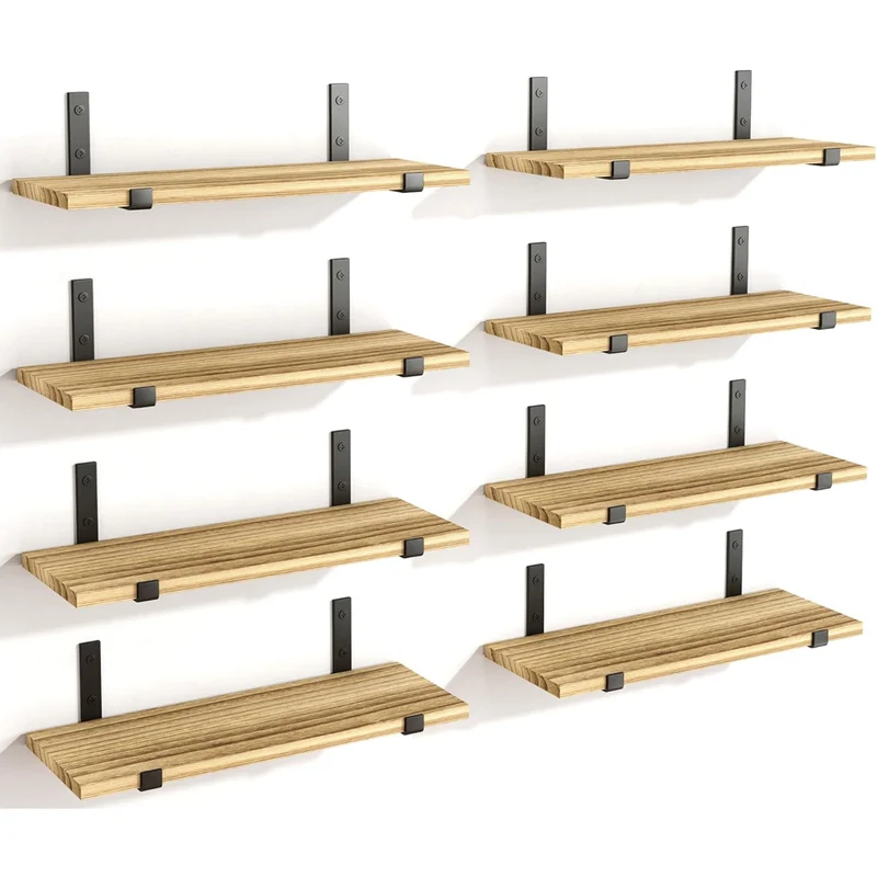 Set 8 Mensole da Parete in Legno Rovere Staffe Nero Scaffalatura da Muro 40x15cm