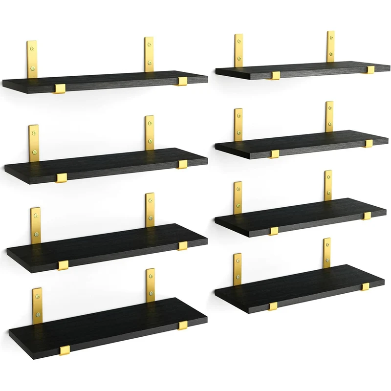 Set 8 Mensole da Parete in Legno Nero e Staffe Oro Scaffalatura da Muro 40x15cm