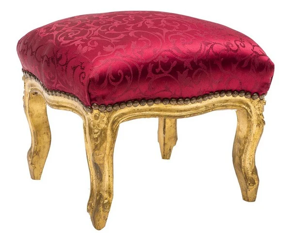 Pouf barocco quadrato in legno color oro e tessuto rosso a fiori cm 39x39x30h