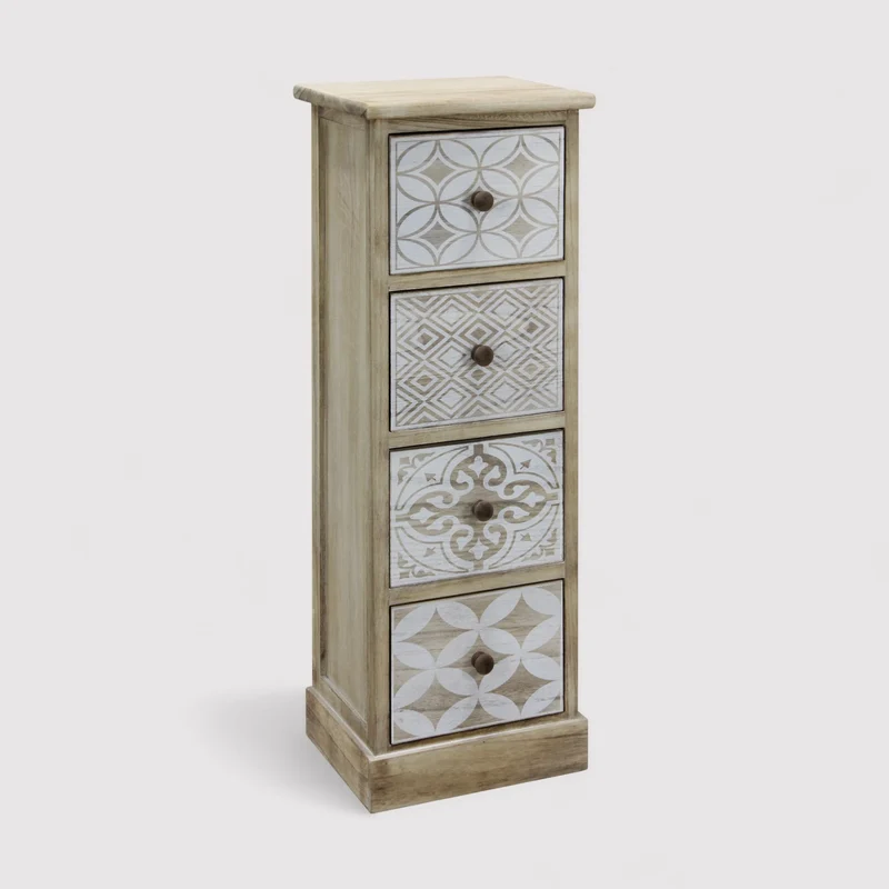 Monstera - Cassettiera bianca in legno con 4 cassetti decorati