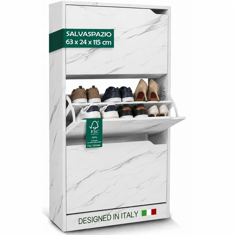 Scarpiera 3 Ante Ripiani Doppia Profondità Porta Scarpe Bianco Marmo 63x24x115cm