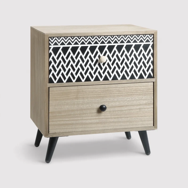 Kanoko - Comodino basso in stile boho con 2 cassetti