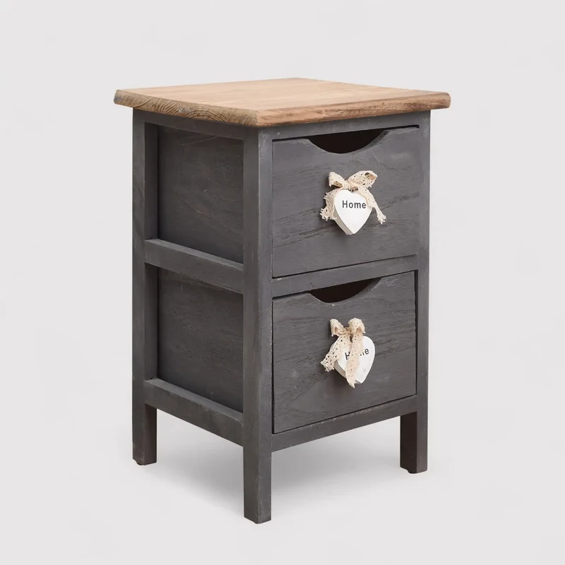 Olmaria - Piccolo comodino shabby grigio con 2 cassetti