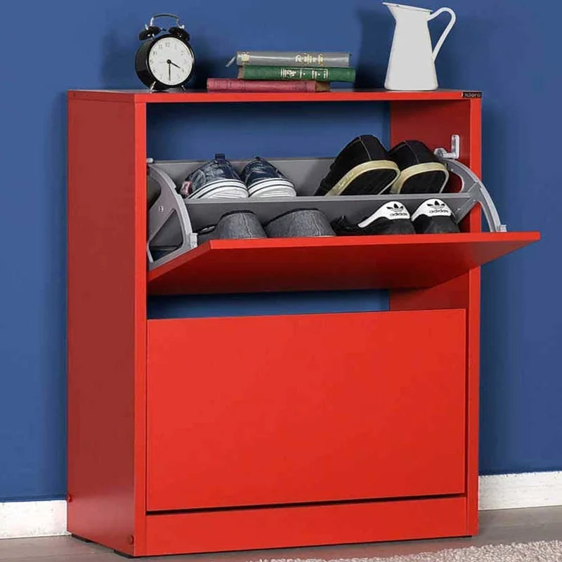 Scarpiera 2 Ante Ripiani Doppia Profondita in Melamina 73x84x26 cm Colore Rosso
