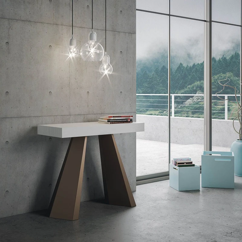 Diamante - Consolle allungabile gambe in metallo e piano bianco poro aperto cm 90x40/300x77h