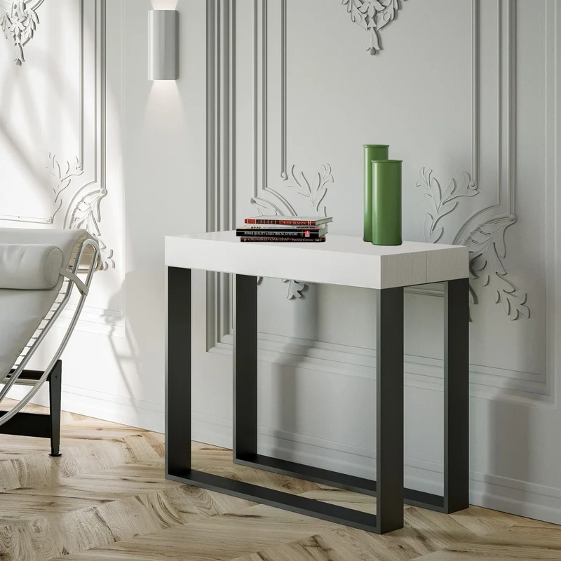 Elettra - Consolle allungabile gambe in metallo e piano in legno bianco frassino cm 90/300x40x77h