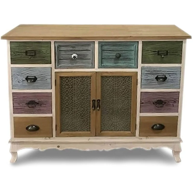 Mobile Credenza Cassettiera Legno 2 Ante 10 Cassetti Multicolore Vintage Shabby