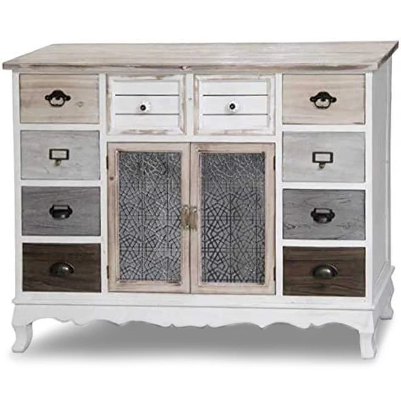 Mobile Credenza Cassettiera Legno 2 Ante 10 Cassetti Multicolore Vintage Shabby
