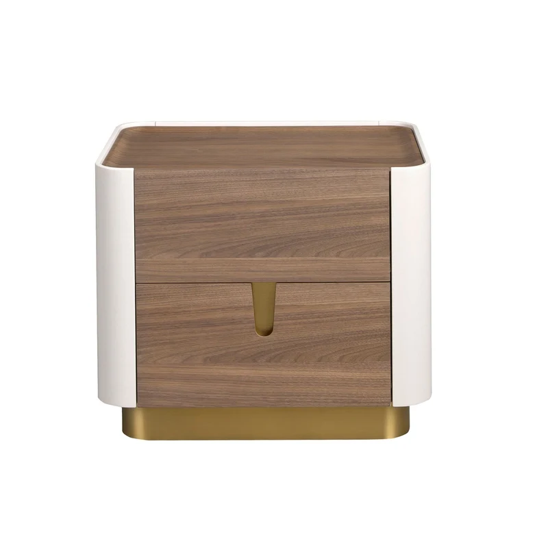 Comodino noce, beige, acciaio lucido dorato e piano in noce