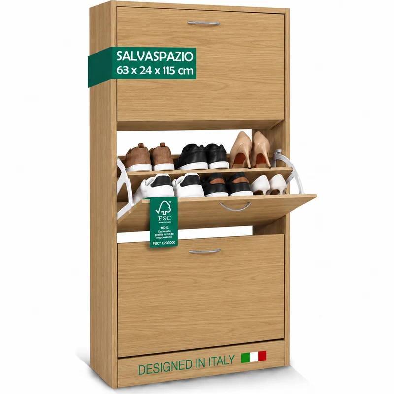 Scarpiera 3 Ante Ripiani Porta Scarpe Doppia Profondita Legno 63x24x115 Quercia