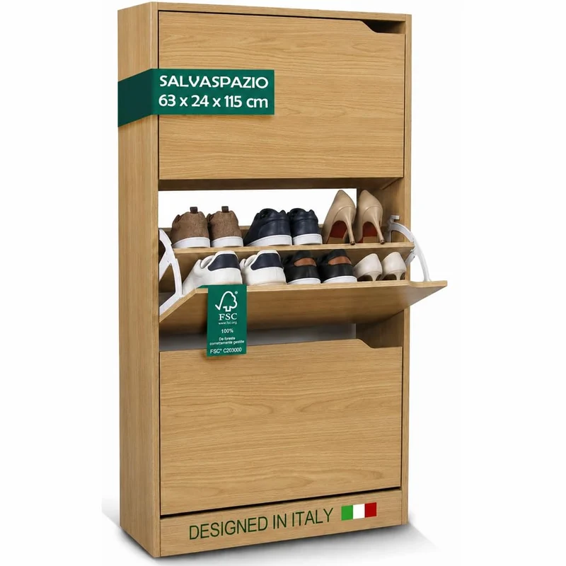 Scarpiera 3 Ante Ripiani Porta Scarpe Doppia Profondita Legno 63x24x115 Quercia
