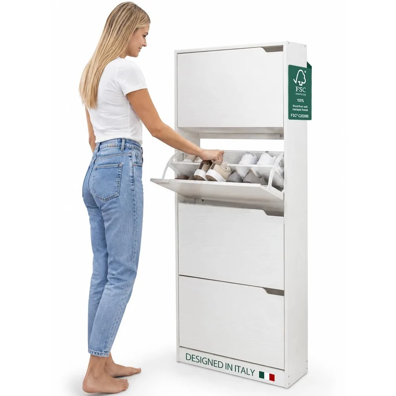 Scarpiera 4 Ante Ripiani Doppia Profondita Legno MDF 63x24x150 Bianco Frassinato