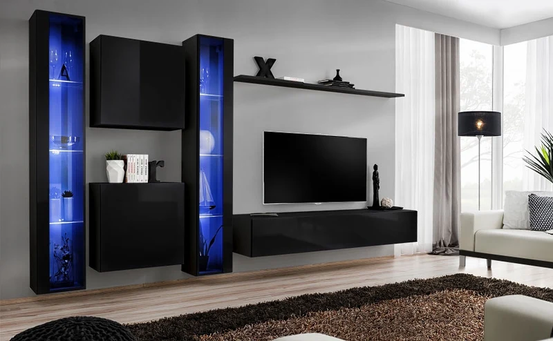 Galien - Parete attrezzata sospesa con vetrine e luci a led - vari colori