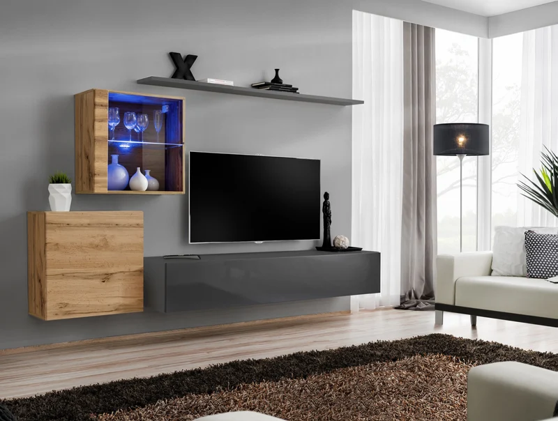 Moira - Parete design attrezzata pensili sospesi e vetrina quercia natura - vari colori