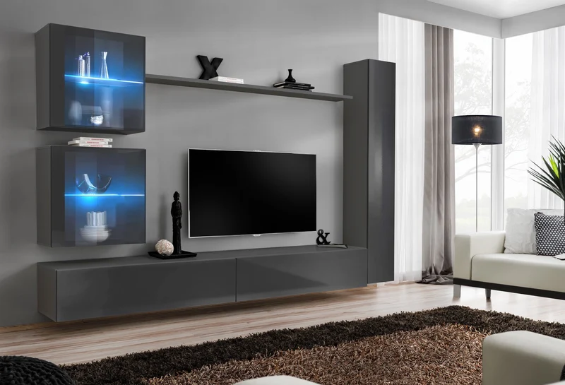 Eliseo - Parete soggiorno design moderno con vetrinetta e luci a led - vari colori