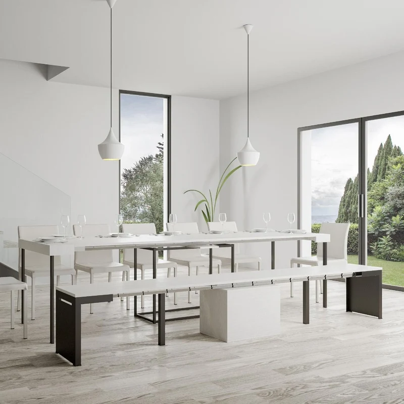 Walk - Panca allungabile moderna in ferro e legno cm 55/305X40X47h - Bianco frassino