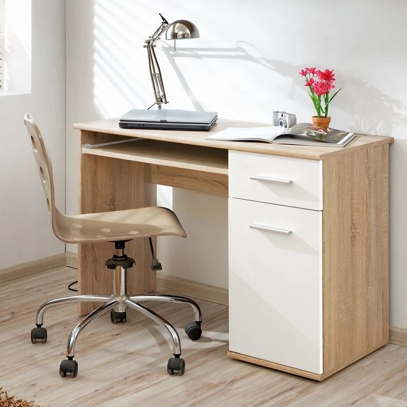 Scrivania da cameretta con cassetto e anta in legno naturale e bianco cm 104x50x76h