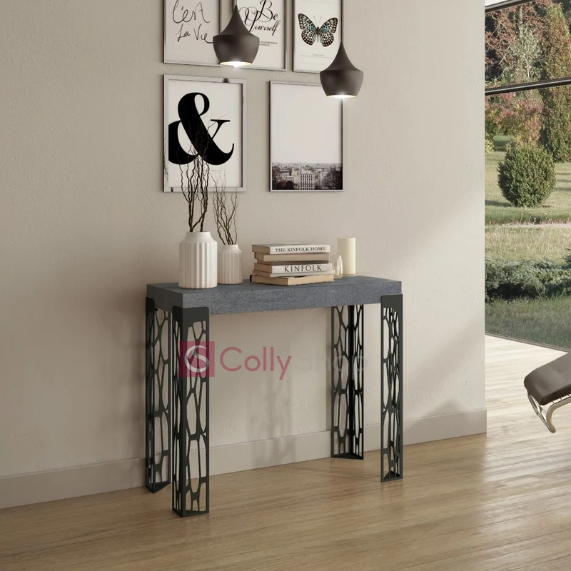 Ghibli Small - Consolle moderna allungabile metallo lavorato piano in legno cemento cm 90x40/196x77h