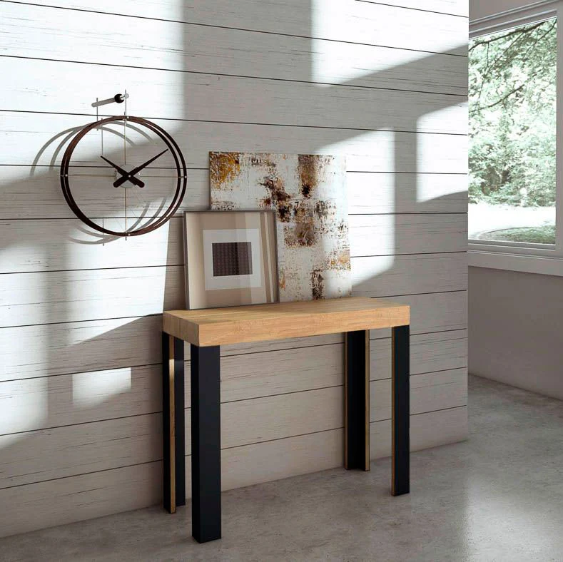 Linea - Consolle allungabile moderna in metallo e legno quercia natura cm 90x40/300x77h