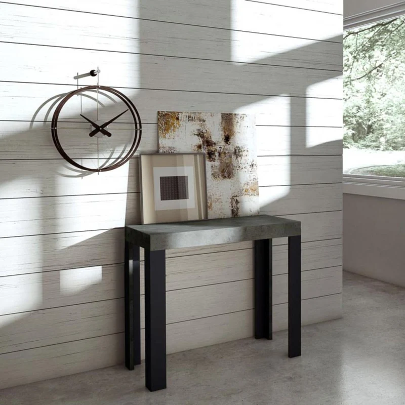 Linea Small - Consolle allungabile moderna gambe in metallo piano cemento cm 90x40/196x77h