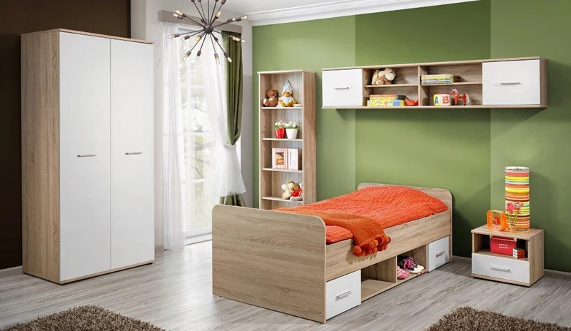 Marlene - Cameretta singola completa moderna con libreria e letto con cassetti